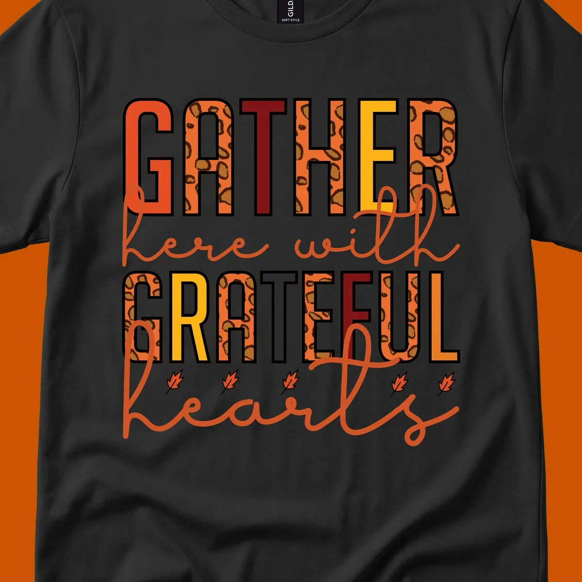 Gather Here With Hearts typography with leopard print and fall leaves.