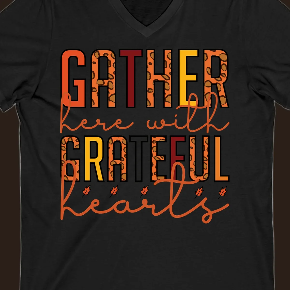 Gather Here With Hearts typography with leopard print and fall leaves.