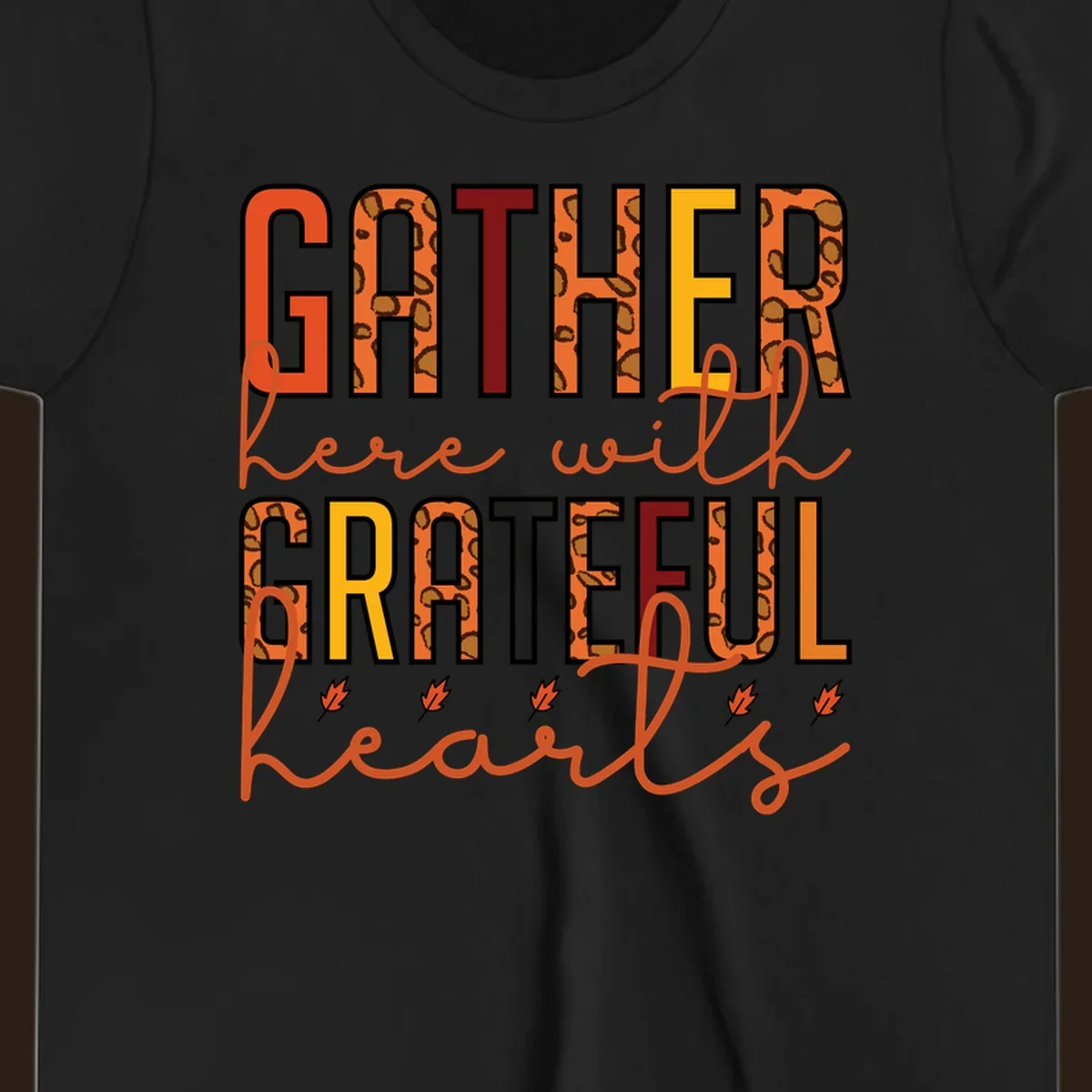 Gather Here With Hearts typography with leopard print and fall leaves.