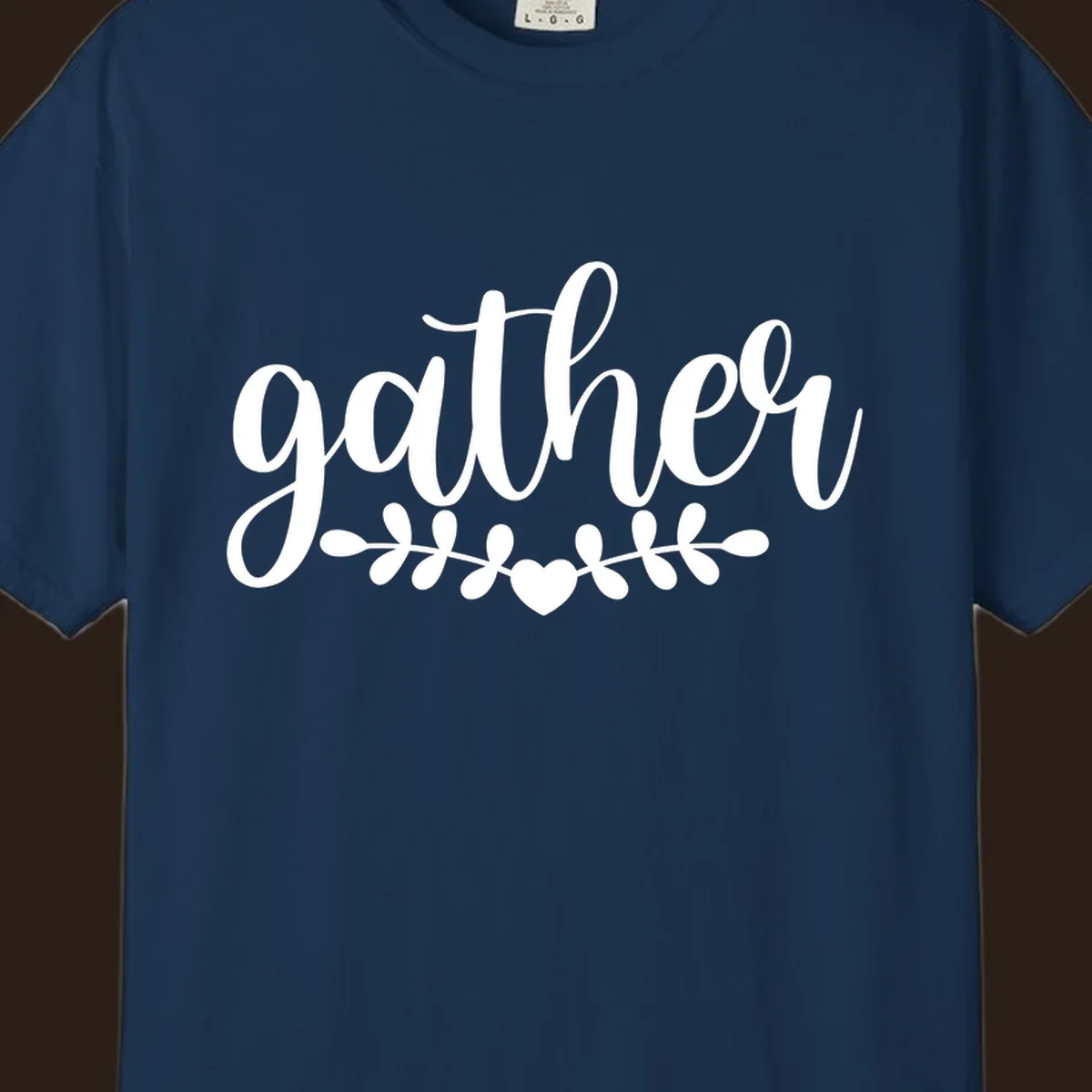 Gather together family script text with heart and leaves illustration.