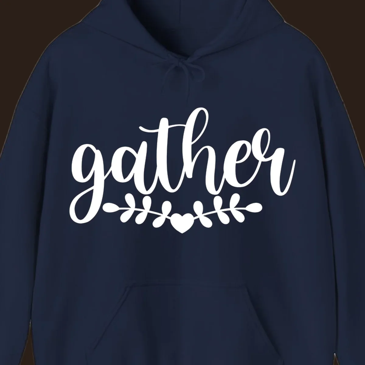 Gather together family script text with heart and leaves illustration.