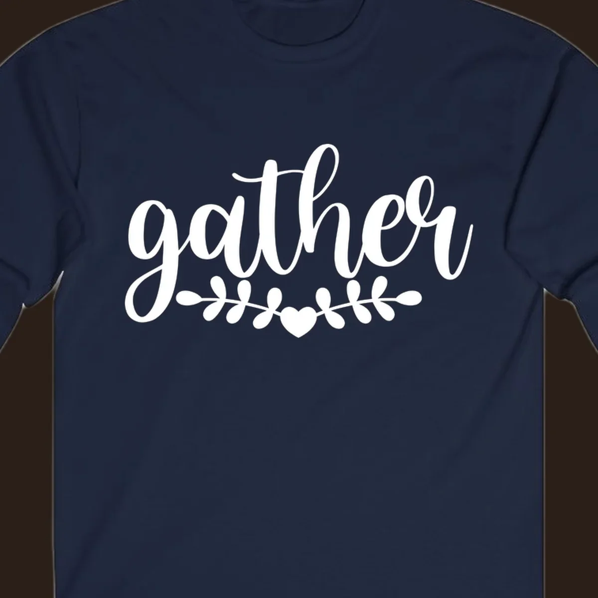 Gather together family script text with heart and leaves illustration.