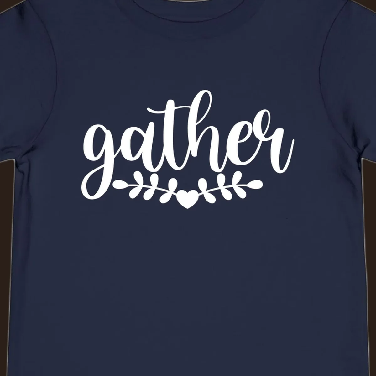 Gather together family script text with heart and leaves illustration.