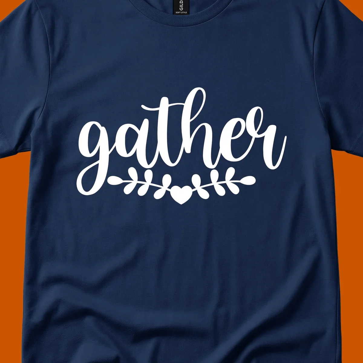 Gather together family script text with heart and leaves illustration.
