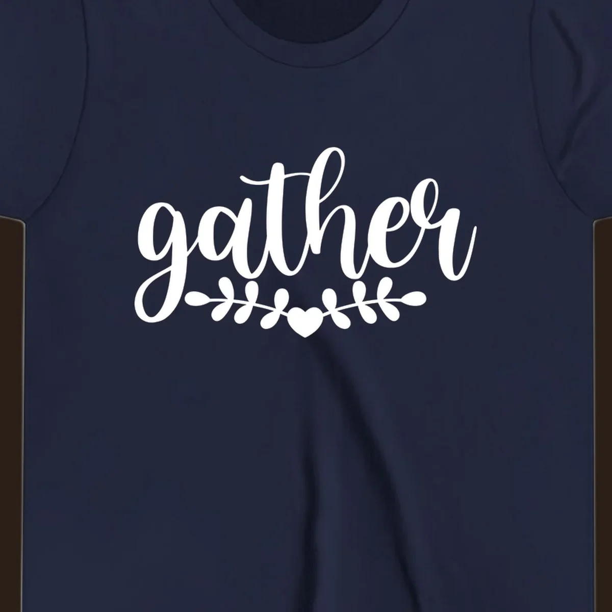 Gather together family script text with heart and leaves illustration.