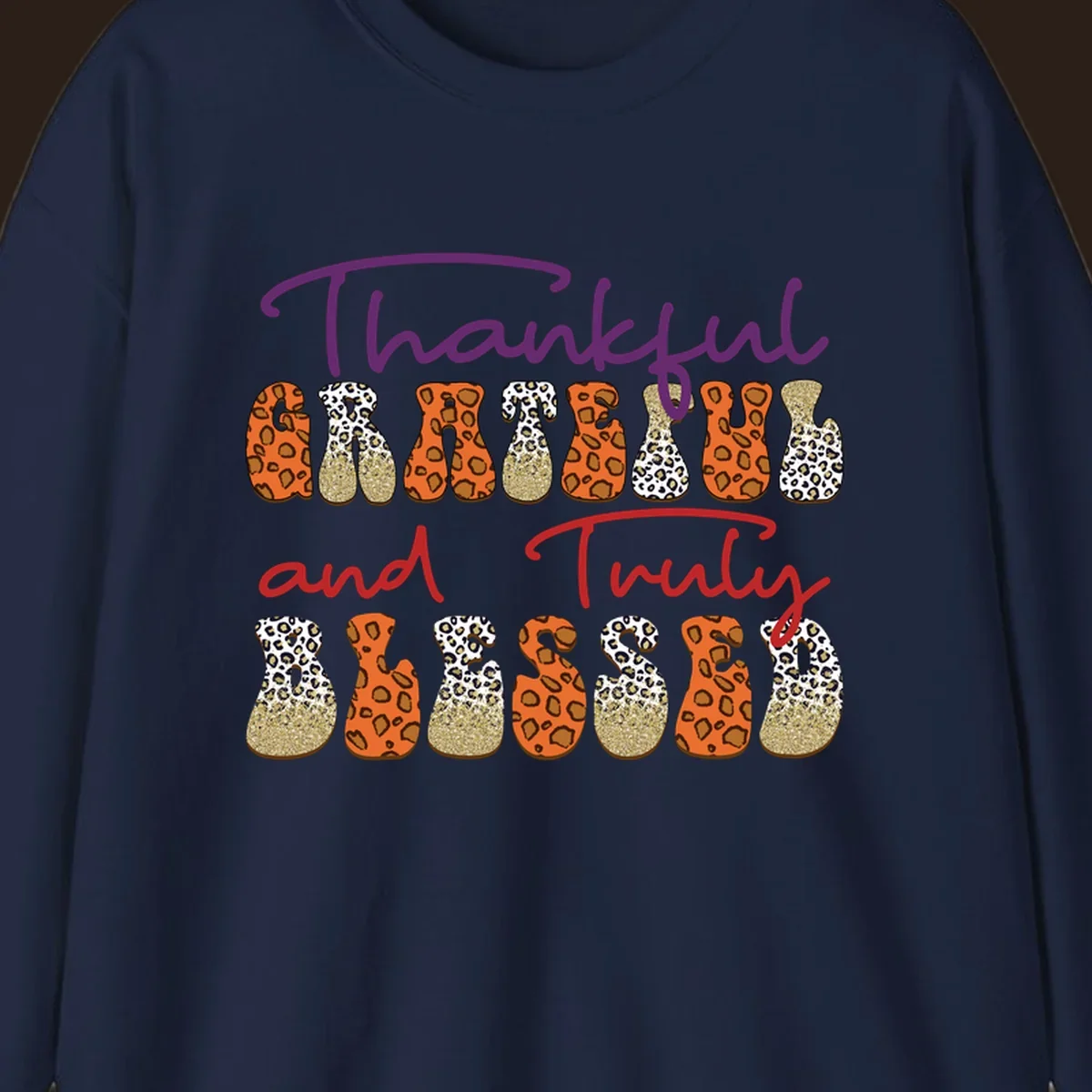 Thanksgiving sayings thankful grateful truly blessed leopard print and glitter text