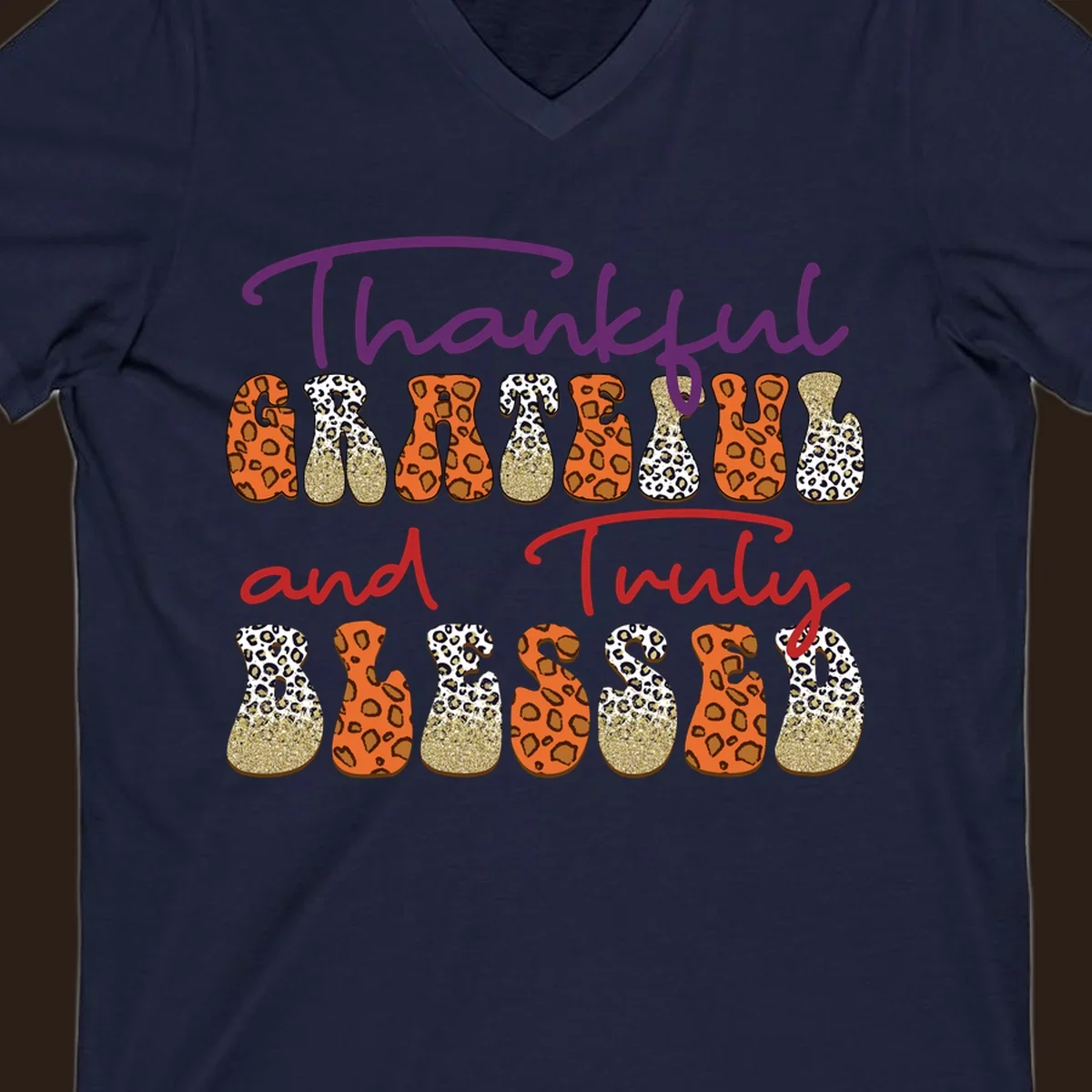 Thanksgiving sayings thankful grateful truly blessed leopard print and glitter text