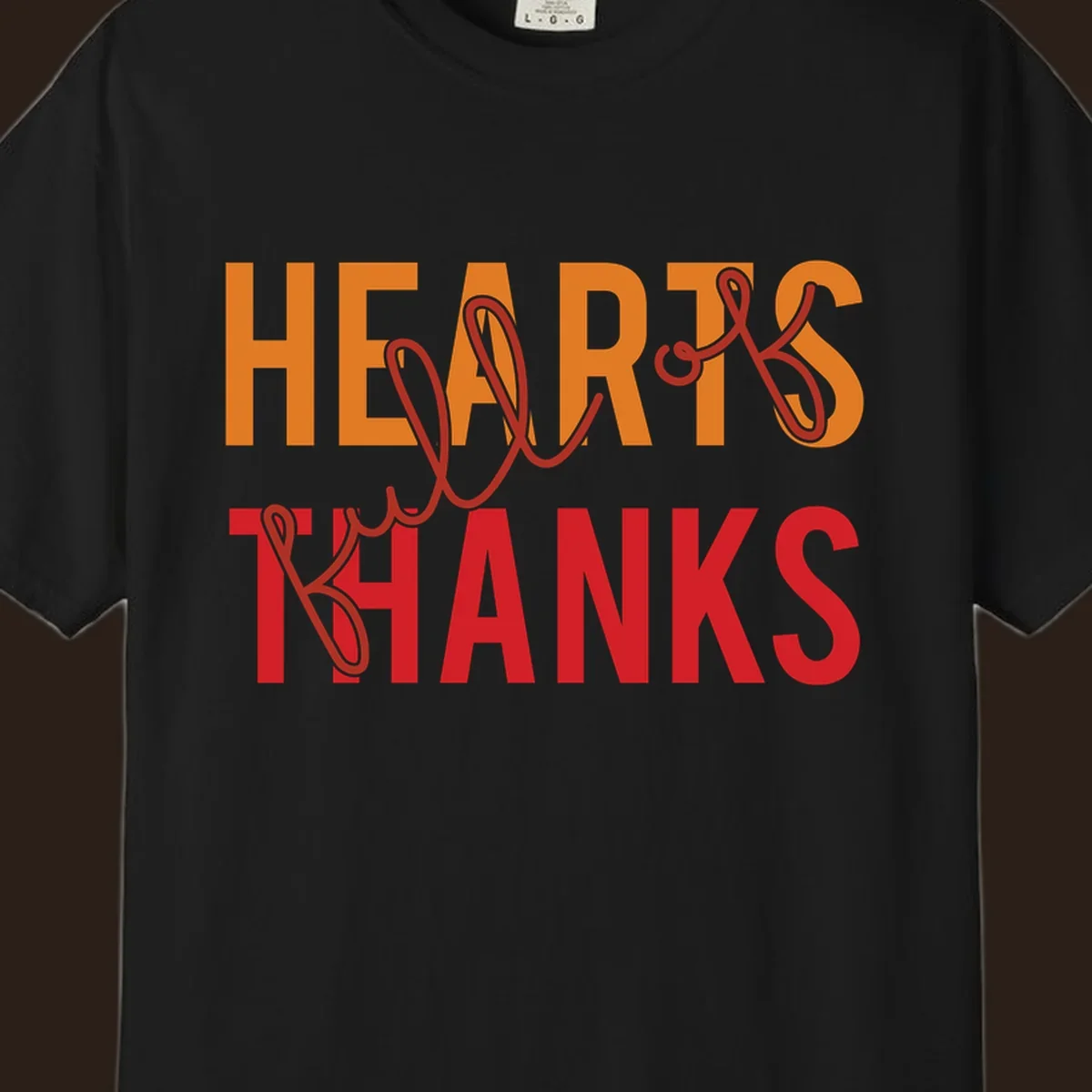 Orange and red typography design spelling "HEARTS FULL OF THANKS".