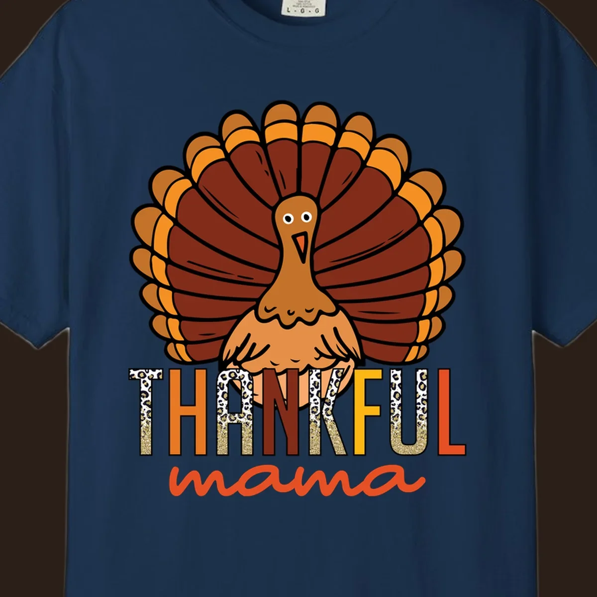 Thankful Mama turkey illustration with leopard print and glitter text for Thanksgiving.