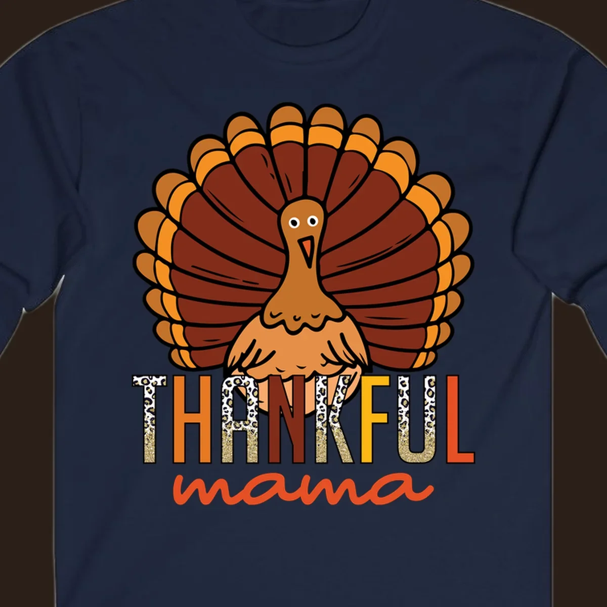 Thankful Mama turkey illustration with leopard print and glitter text for Thanksgiving.
