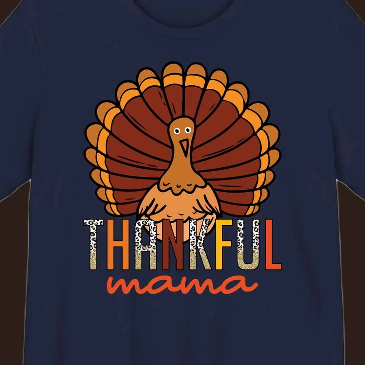 Thankful Mama turkey illustration with leopard print and glitter text for Thanksgiving.