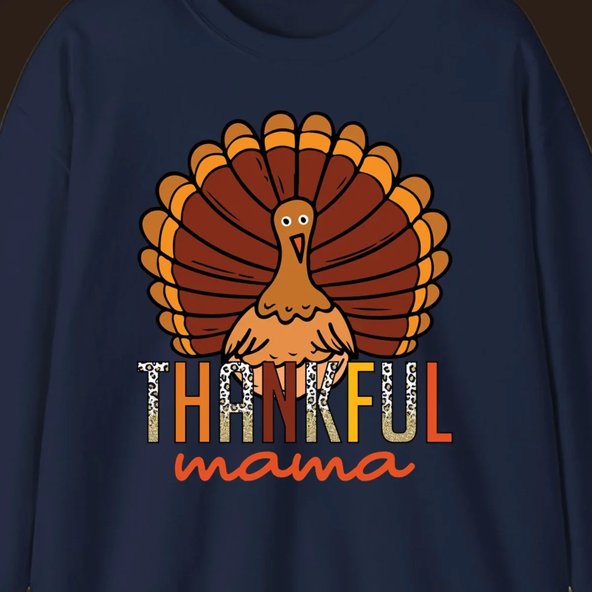 Thankful Mama turkey illustration with leopard print and glitter text for Thanksgiving.