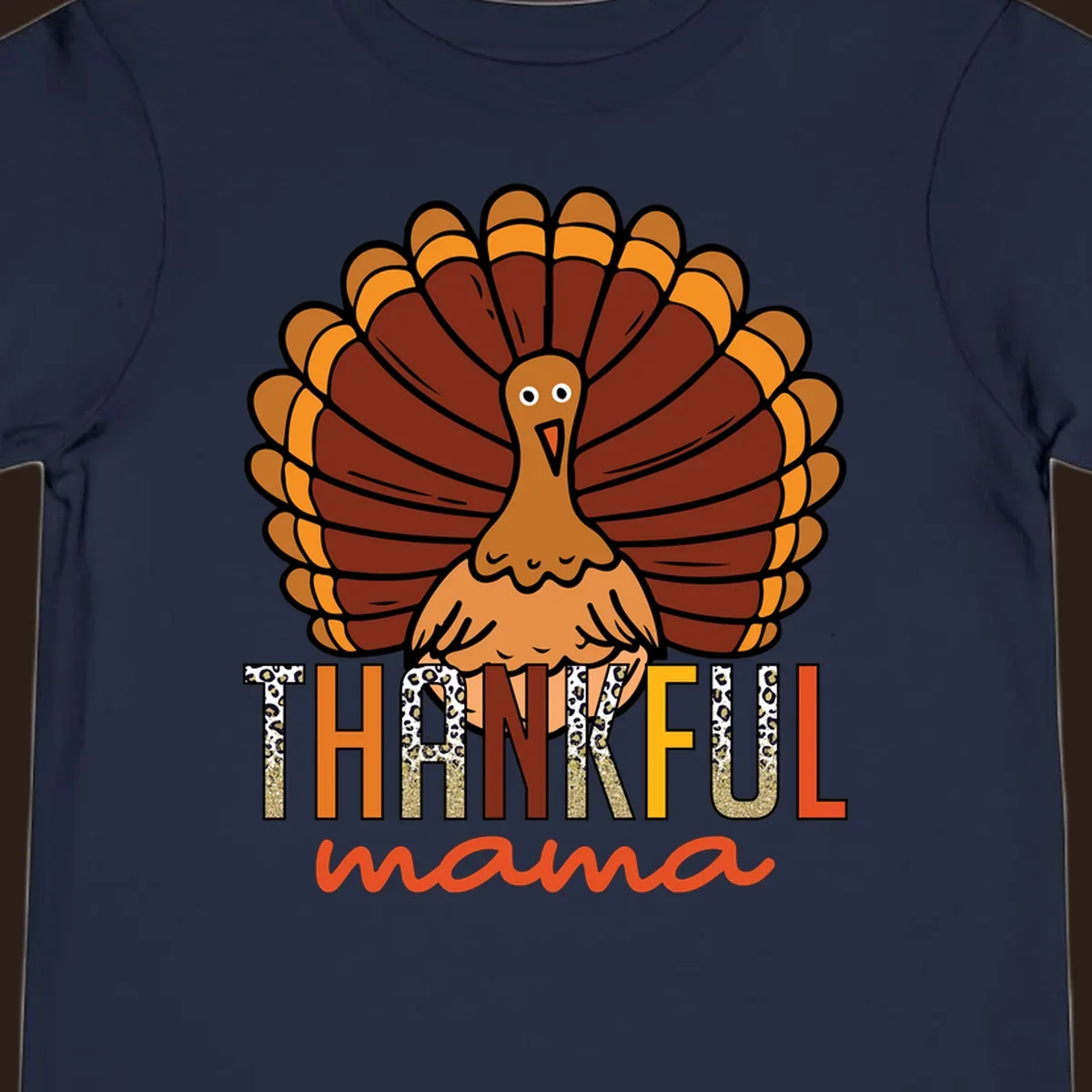 Thankful Mama turkey illustration with leopard print and glitter text for Thanksgiving.