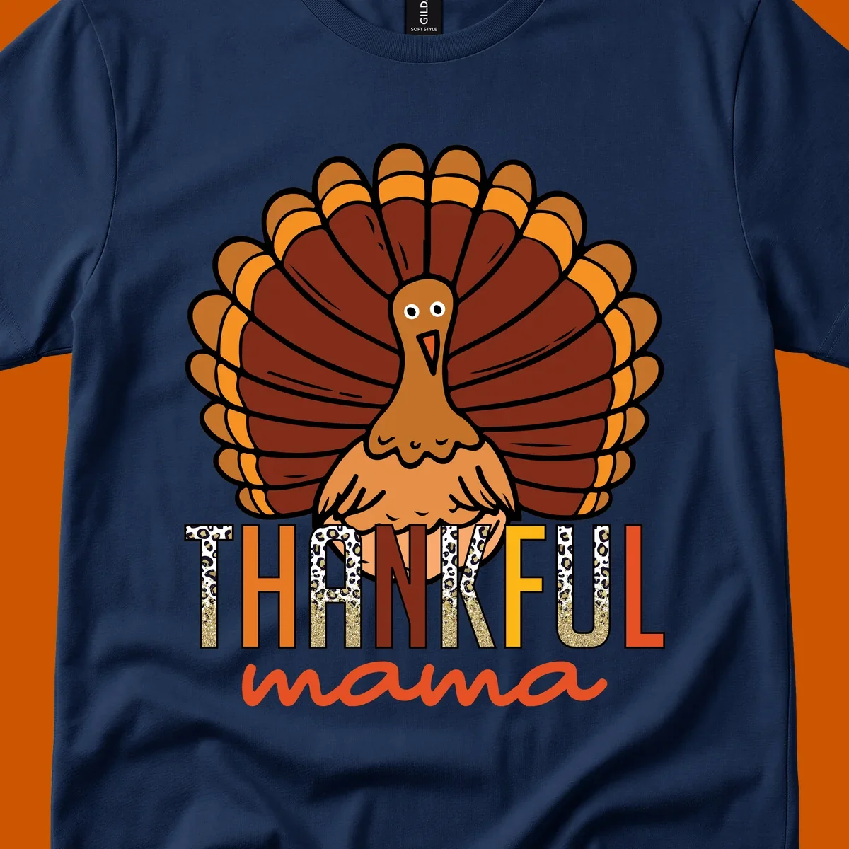 Thankful Mama turkey illustration with leopard print and glitter text for Thanksgiving.