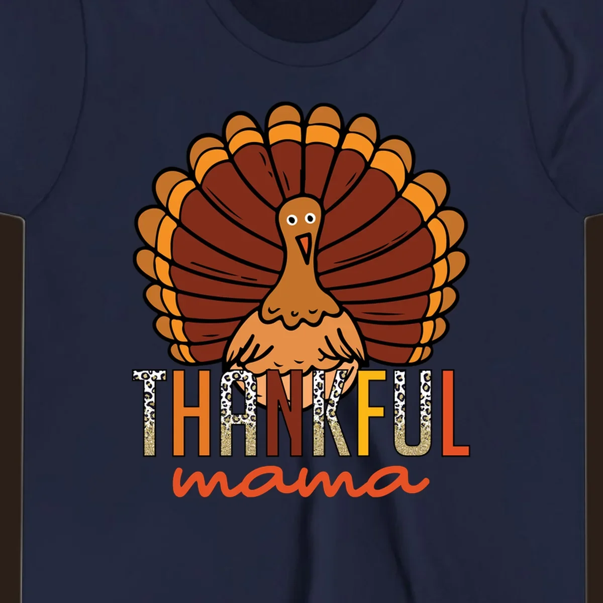 Thankful Mama turkey illustration with leopard print and glitter text for Thanksgiving.