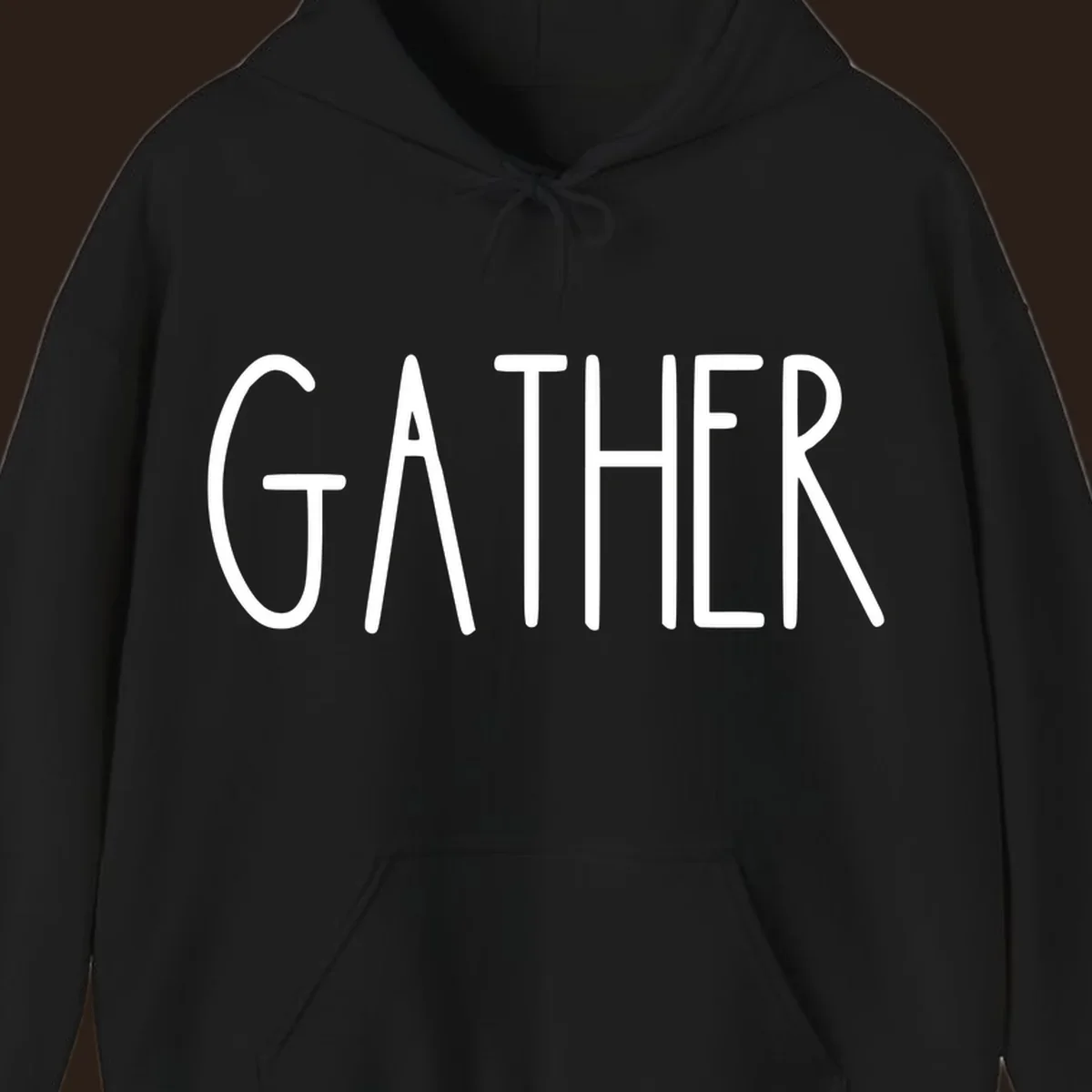 White typography design with the word GATHER, for family dinner gatherings.