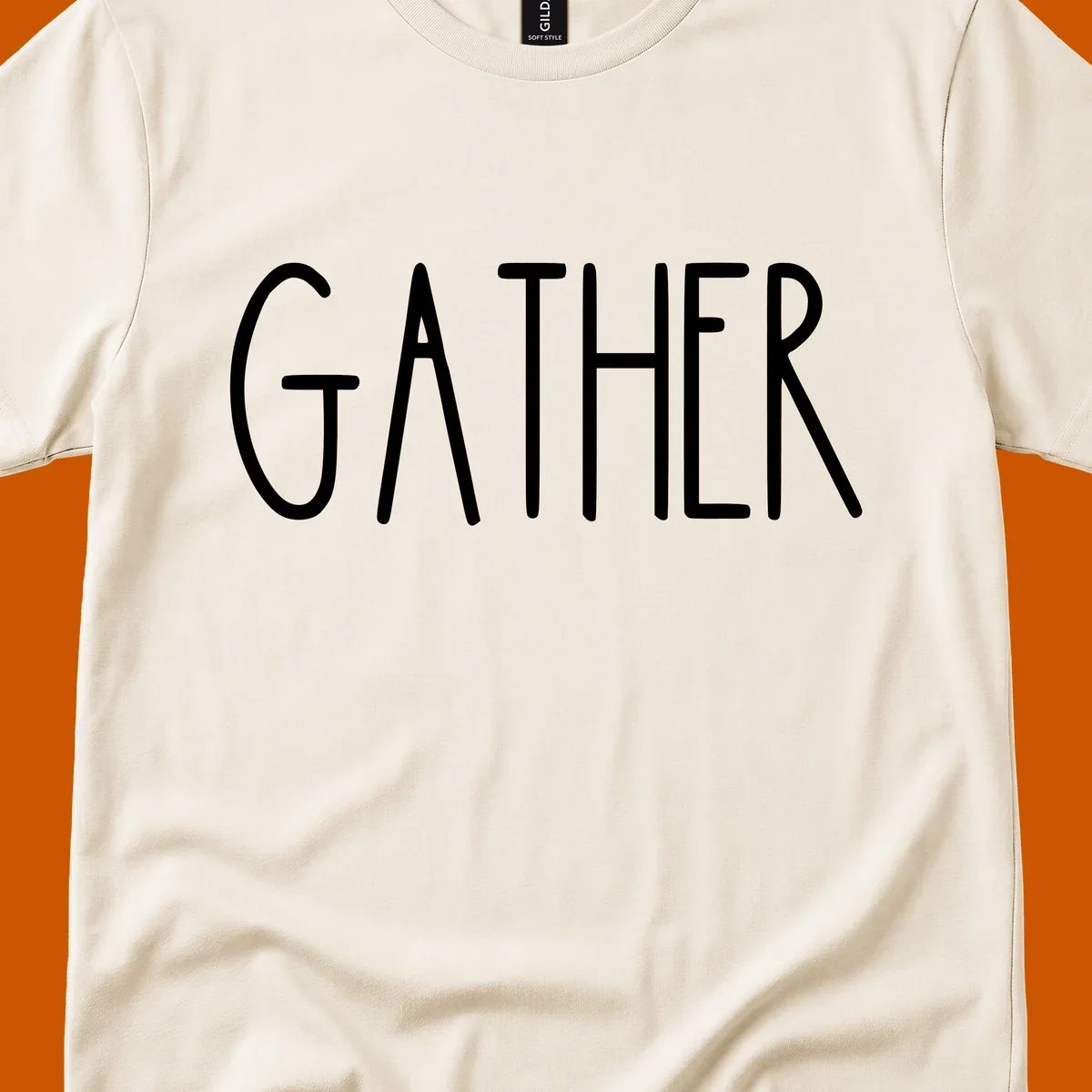 White typography design with the word GATHER, for family dinner gatherings.