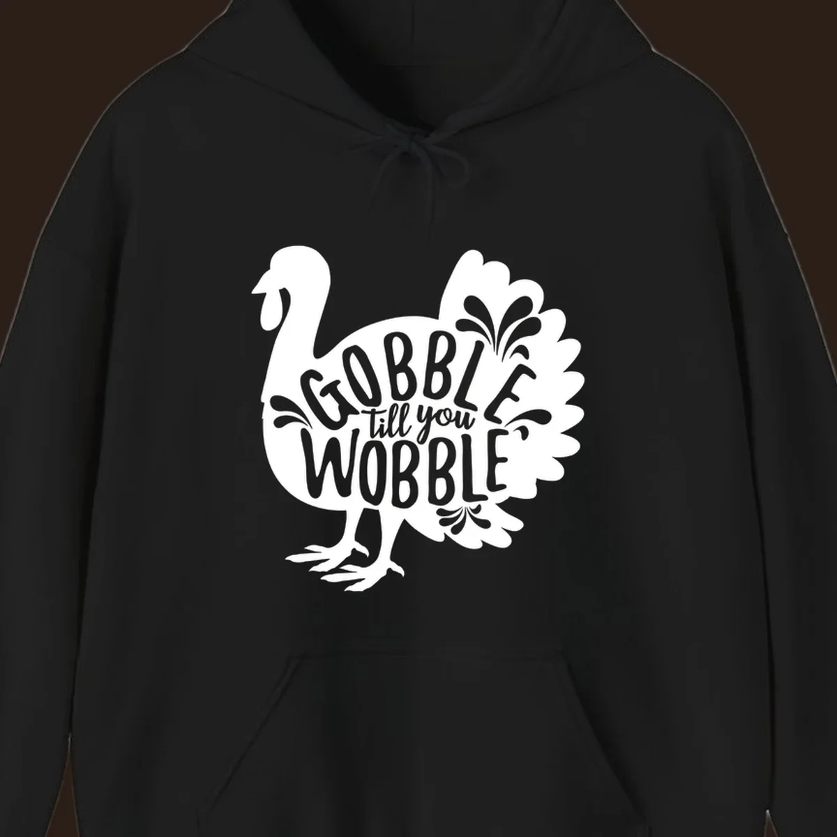 Gobble wobble turkey design with text for Thanksgiving.