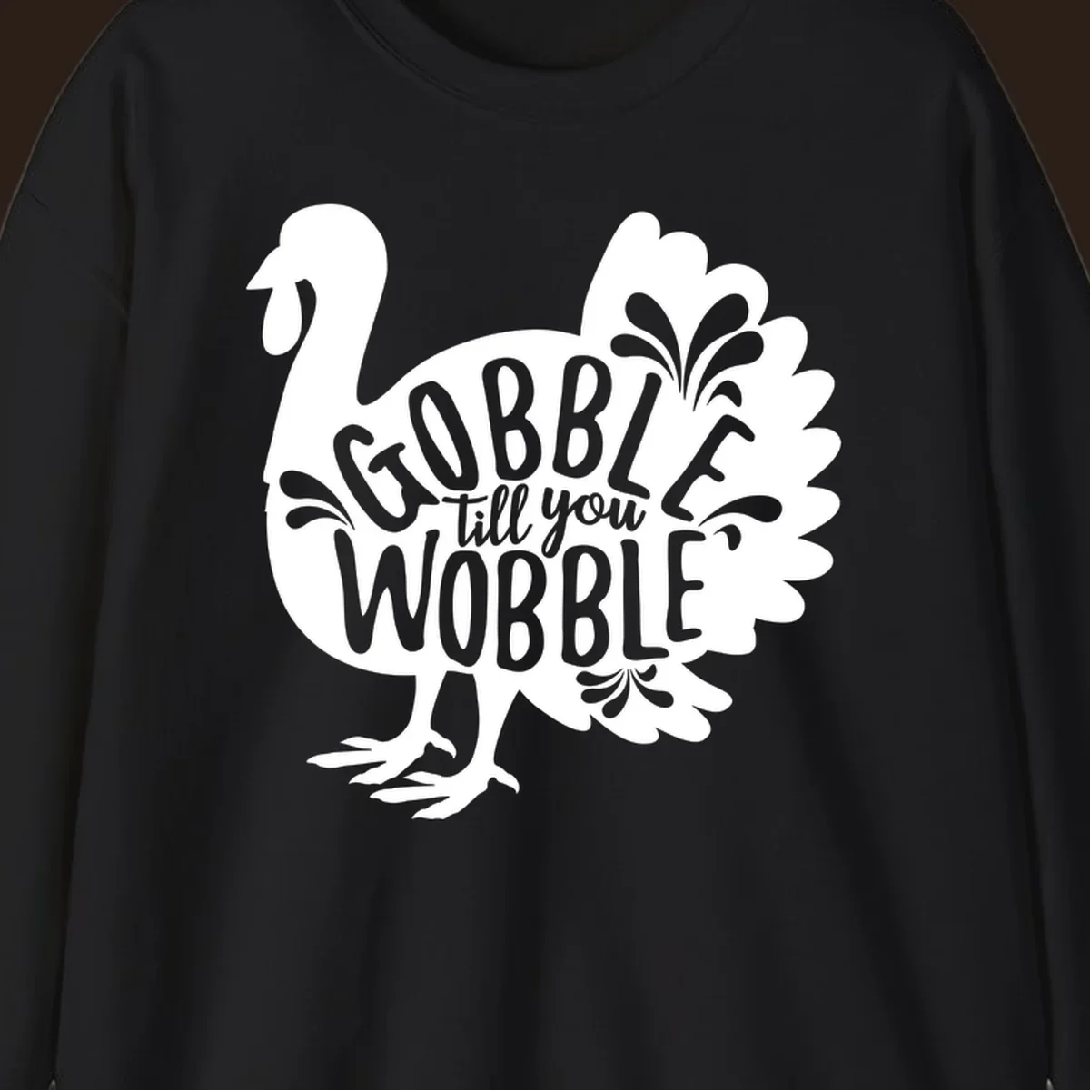 Gobble wobble turkey design with text for Thanksgiving.