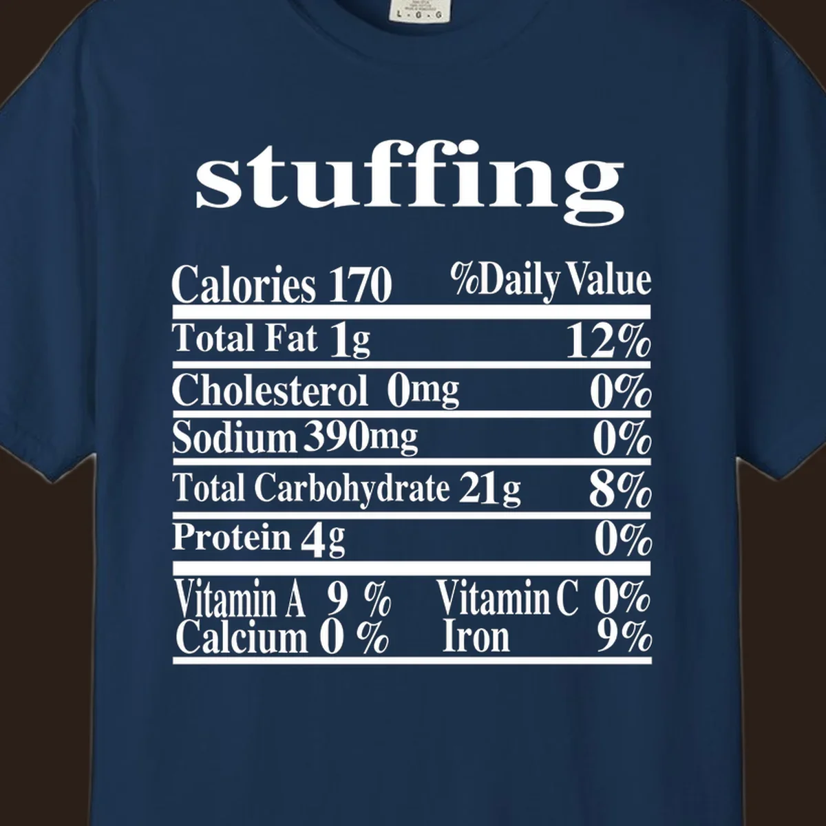 Stuffing nutrition facts label with calories, fat, cholesterol, sodium, carbs, protein, and vitamins in white text.