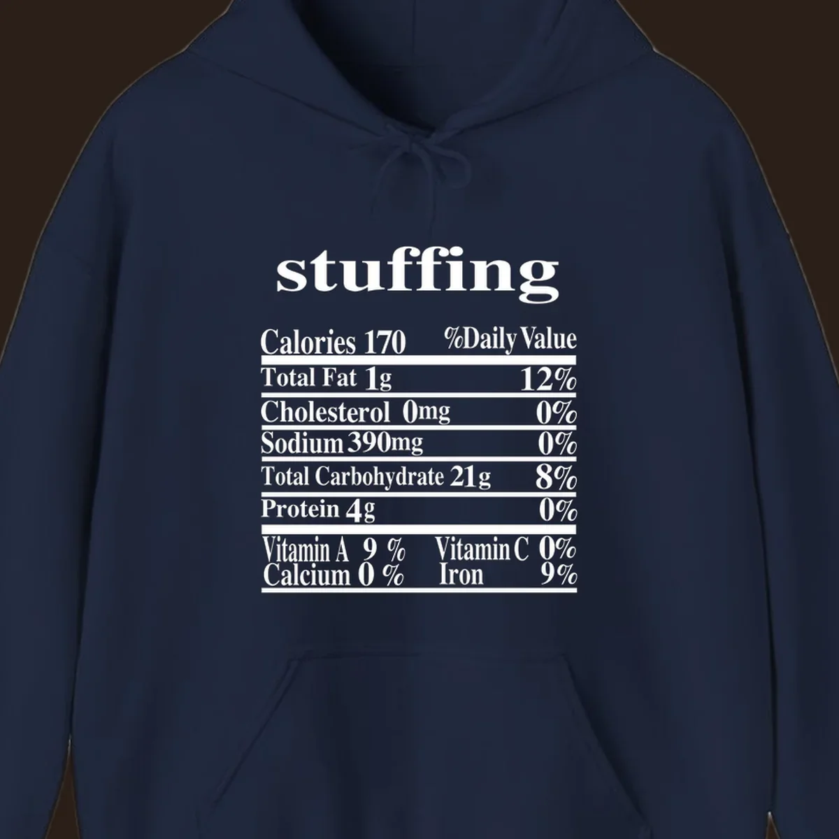 Stuffing nutrition facts label with calories, fat, cholesterol, sodium, carbs, protein, and vitamins in white text.