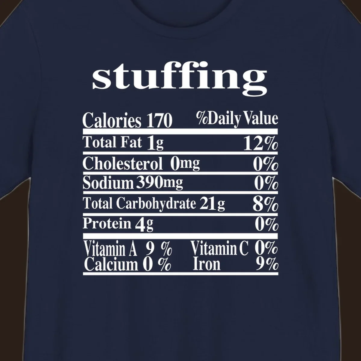 Stuffing nutrition facts label with calories, fat, cholesterol, sodium, carbs, protein, and vitamins in white text.