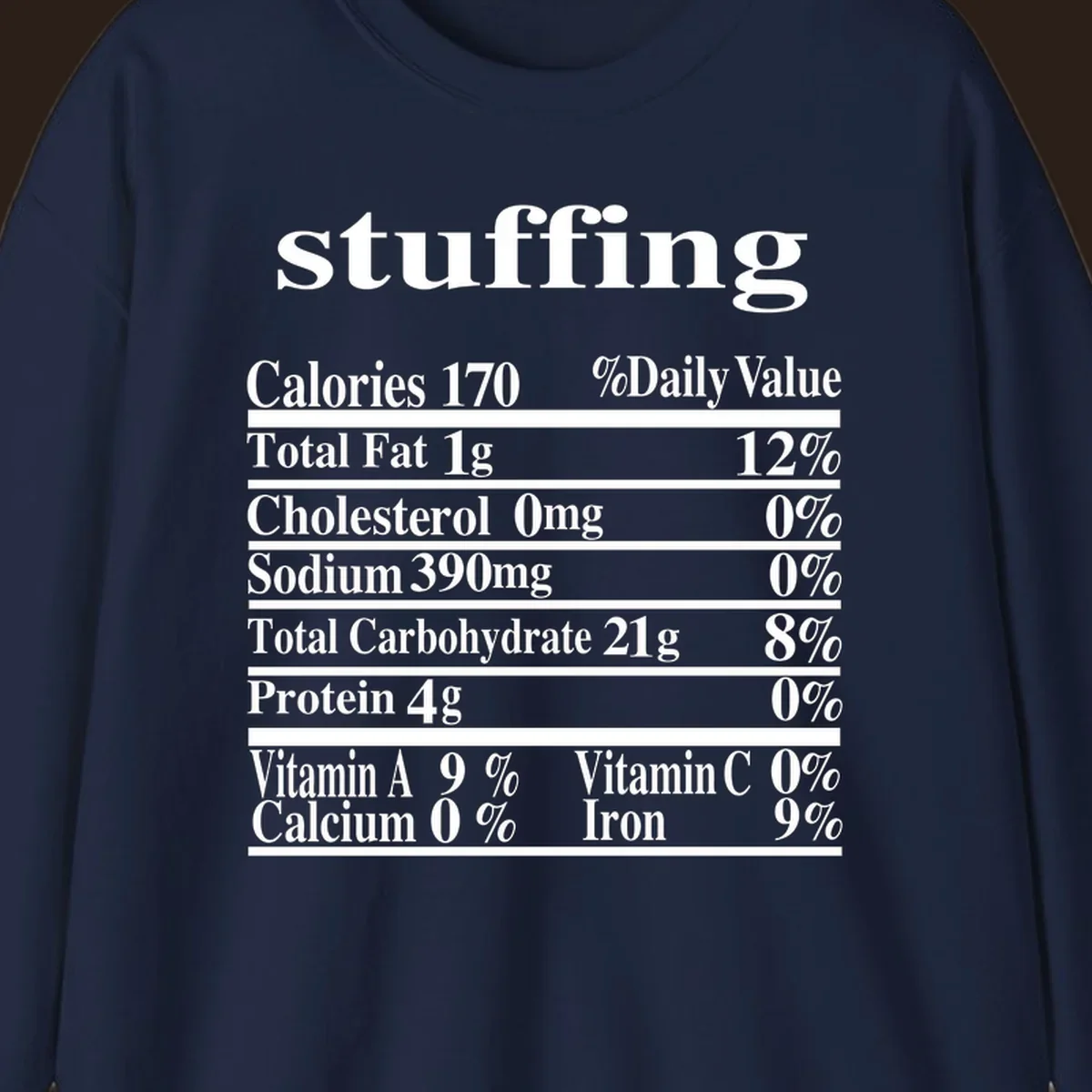 Stuffing nutrition facts label with calories, fat, cholesterol, sodium, carbs, protein, and vitamins in white text.