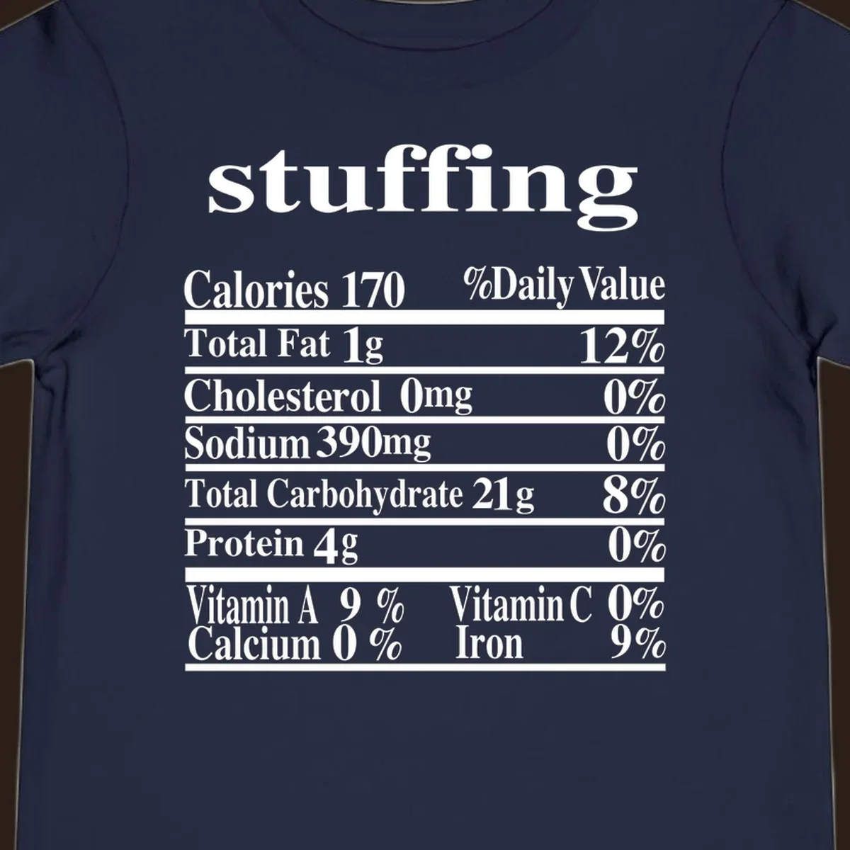 Stuffing nutrition facts label with calories, fat, cholesterol, sodium, carbs, protein, and vitamins in white text.