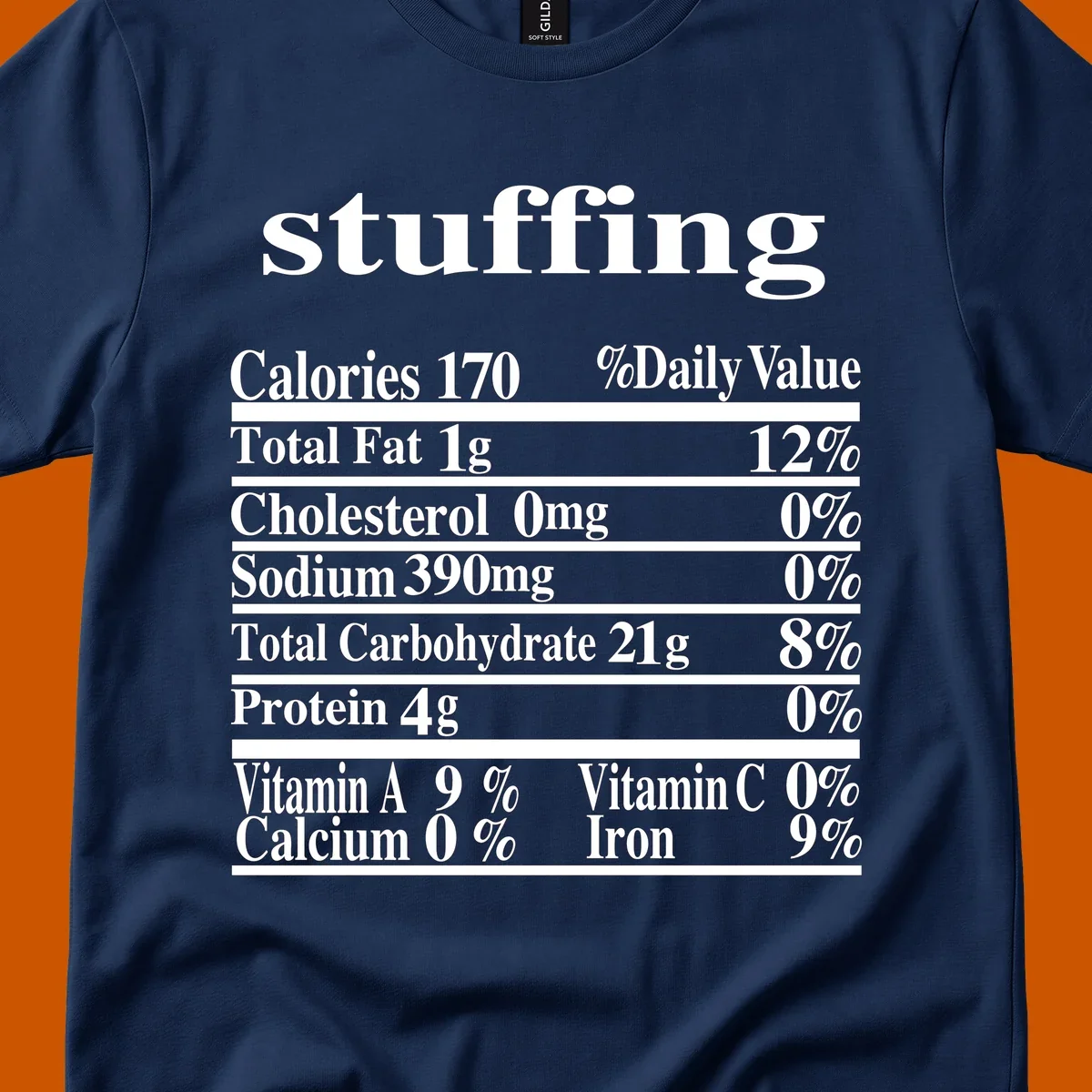 Stuffing nutrition facts label with calories, fat, cholesterol, sodium, carbs, protein, and vitamins in white text.