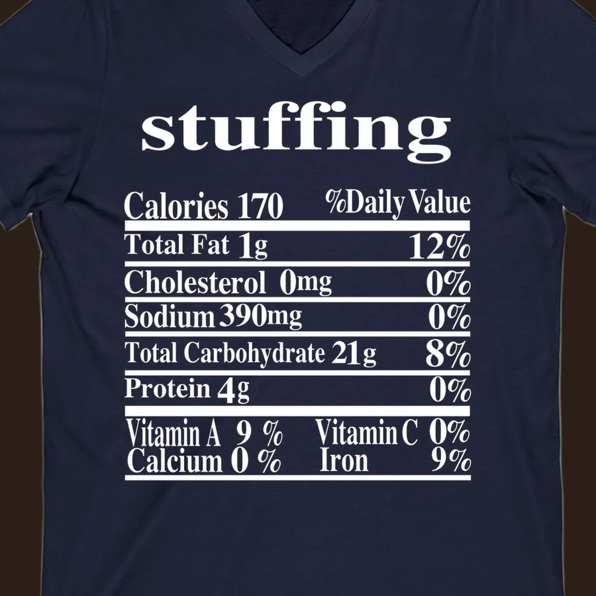 Stuffing nutrition facts label with calories, fat, cholesterol, sodium, carbs, protein, and vitamins in white text.