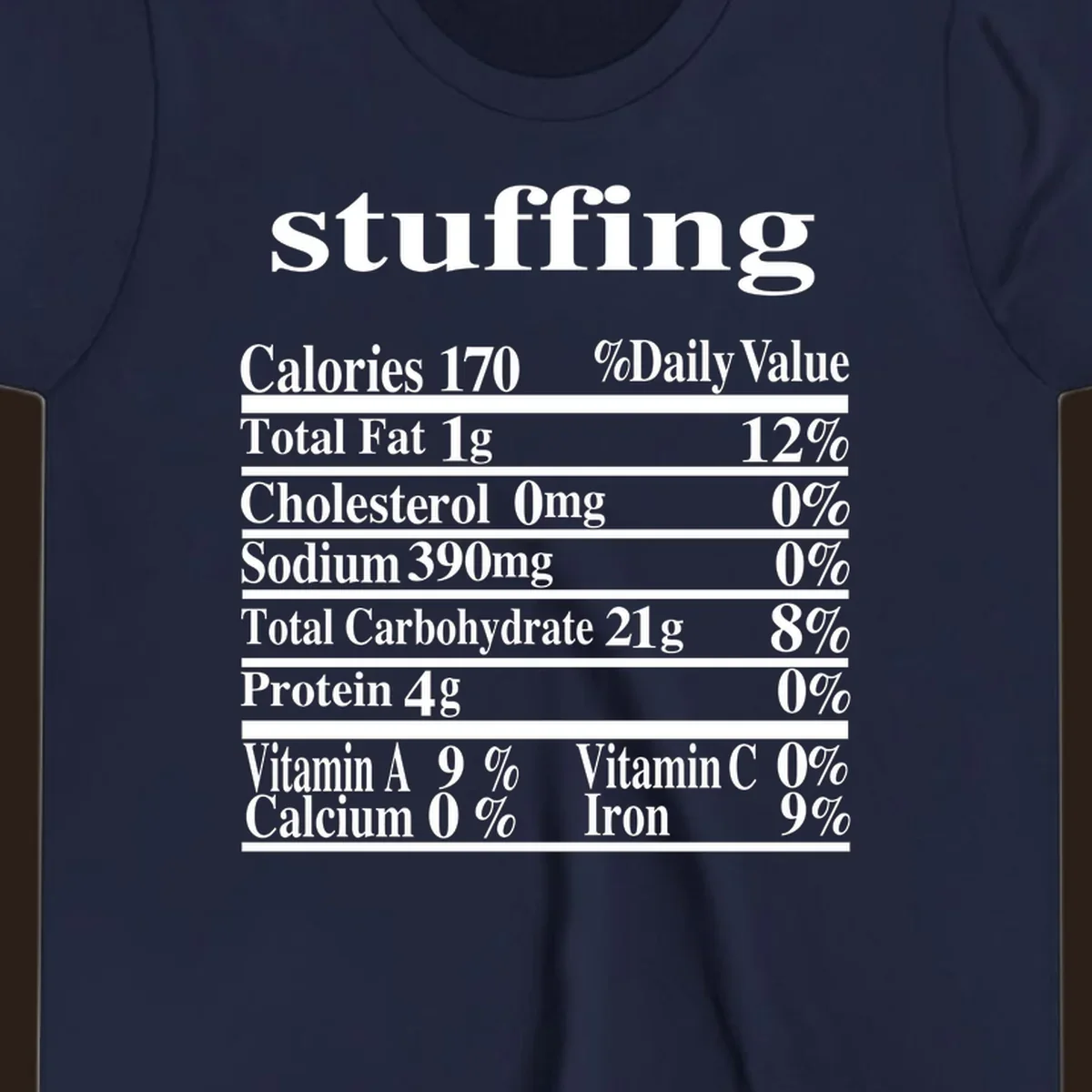 Stuffing nutrition facts label with calories, fat, cholesterol, sodium, carbs, protein, and vitamins in white text.