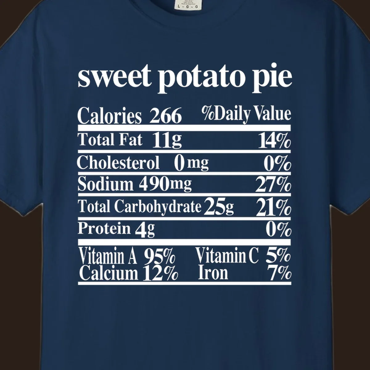Sweet potato pie nutrition facts label in white text on a black background.
