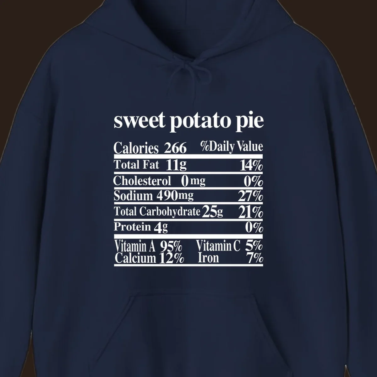 Sweet potato pie nutrition facts label in white text on a black background.