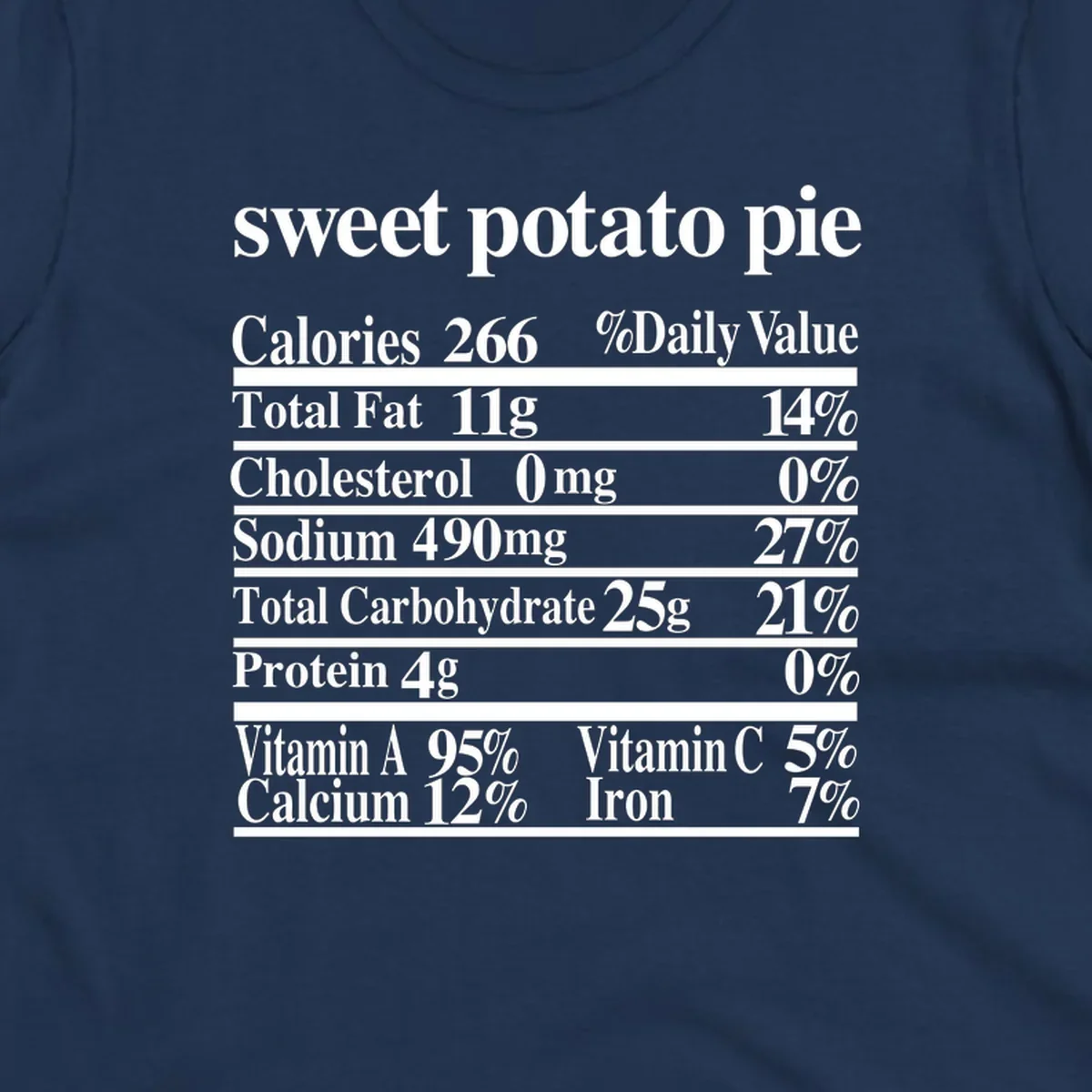 Sweet potato pie nutrition facts label in white text on a black background.