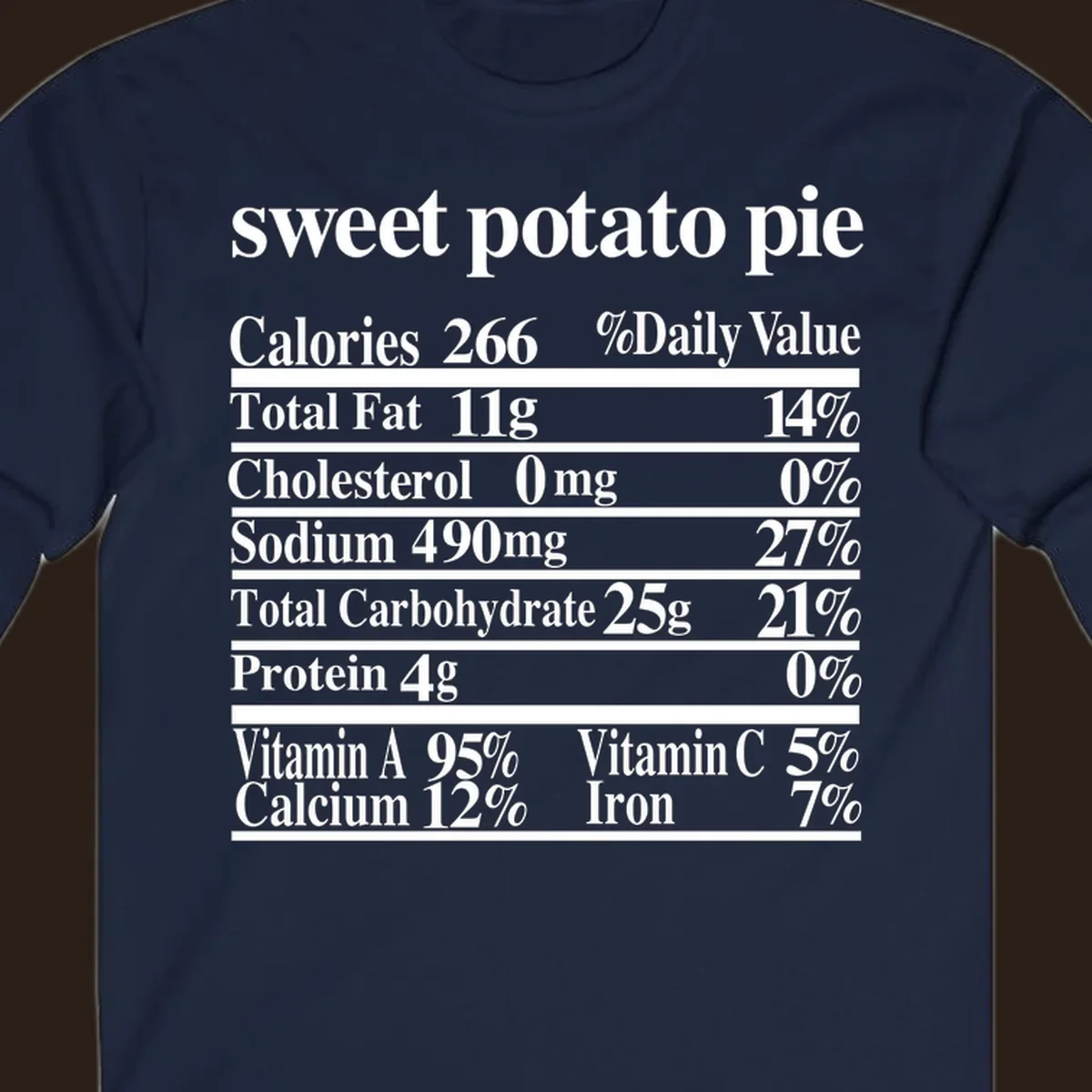 Sweet potato pie nutrition facts label in white text on a black background.