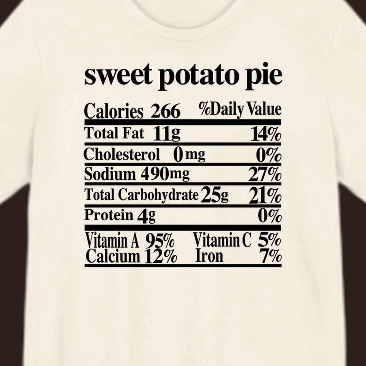 Sweet potato pie nutrition facts label in white text on a black background.