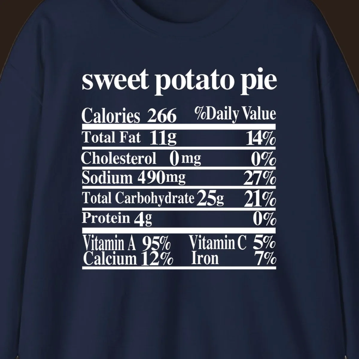 Sweet potato pie nutrition facts label in white text on a black background.
