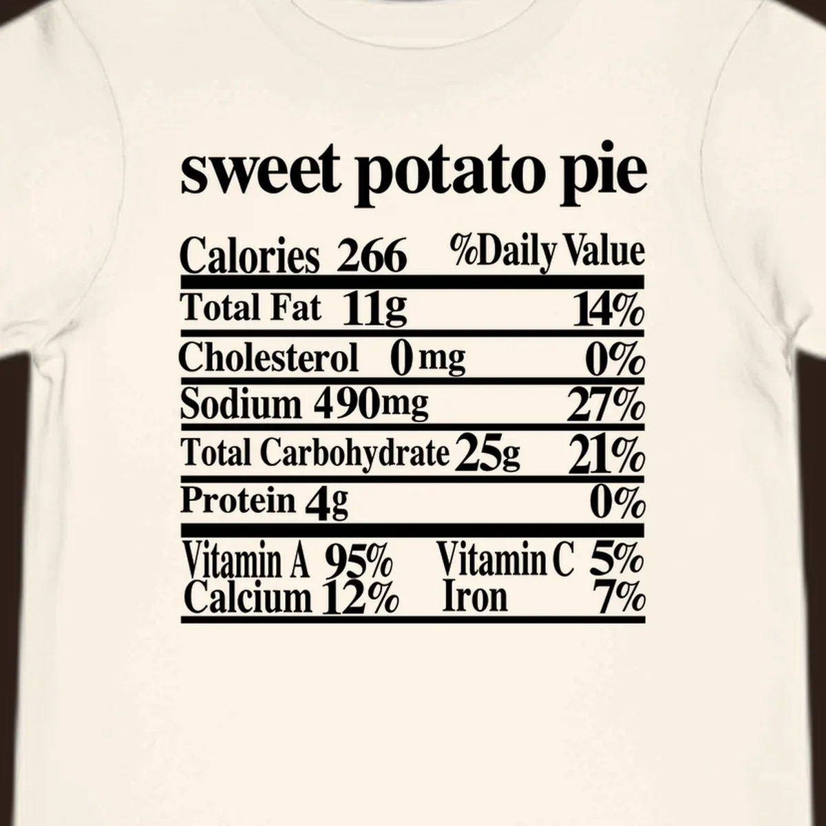 Sweet potato pie nutrition facts label in white text on a black background.
