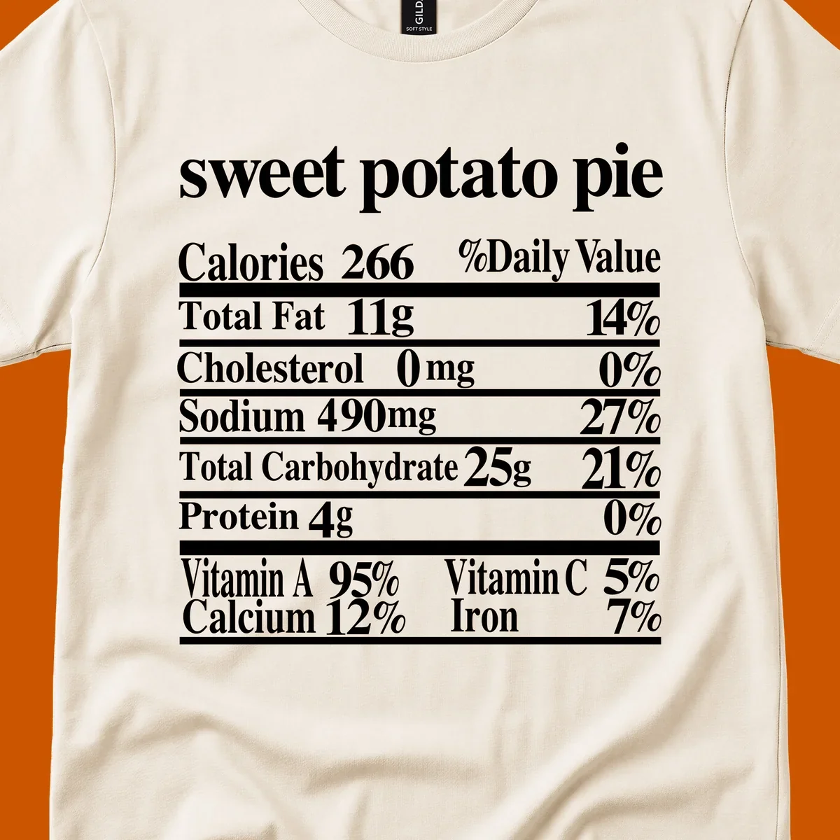 Sweet potato pie nutrition facts label in white text on a black background.
