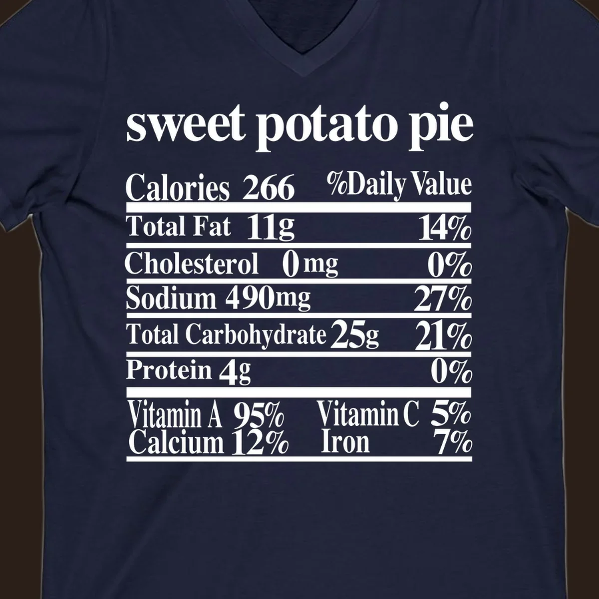 Sweet potato pie nutrition facts label in white text on a black background.