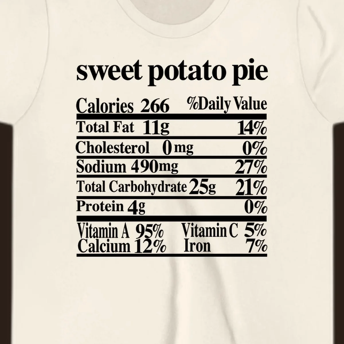 Sweet potato pie nutrition facts label in white text on a black background.