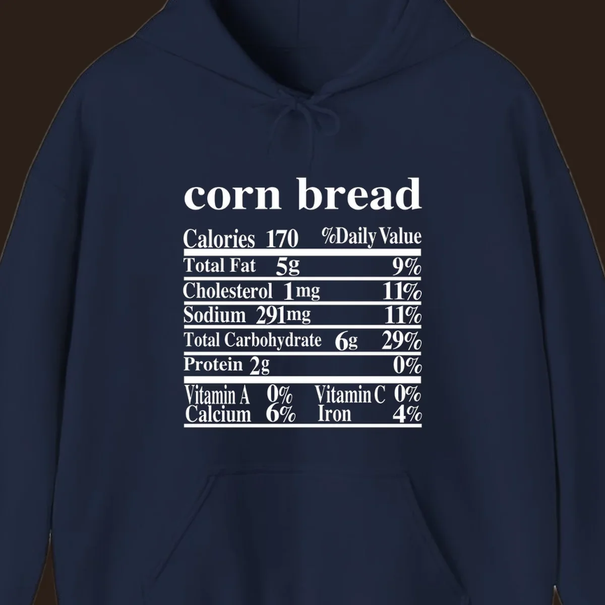 Corn bread nutrition label design with white text on a black background.