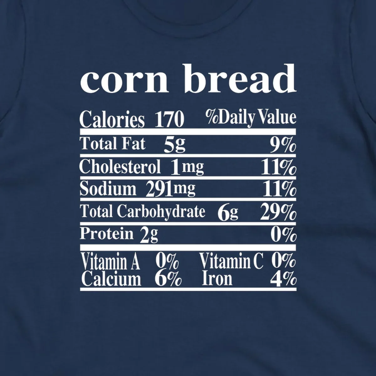 Corn bread nutrition label design with white text on a black background.