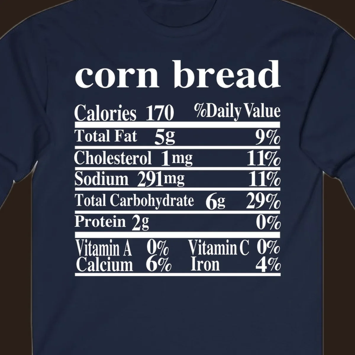 Corn bread nutrition label design with white text on a black background.