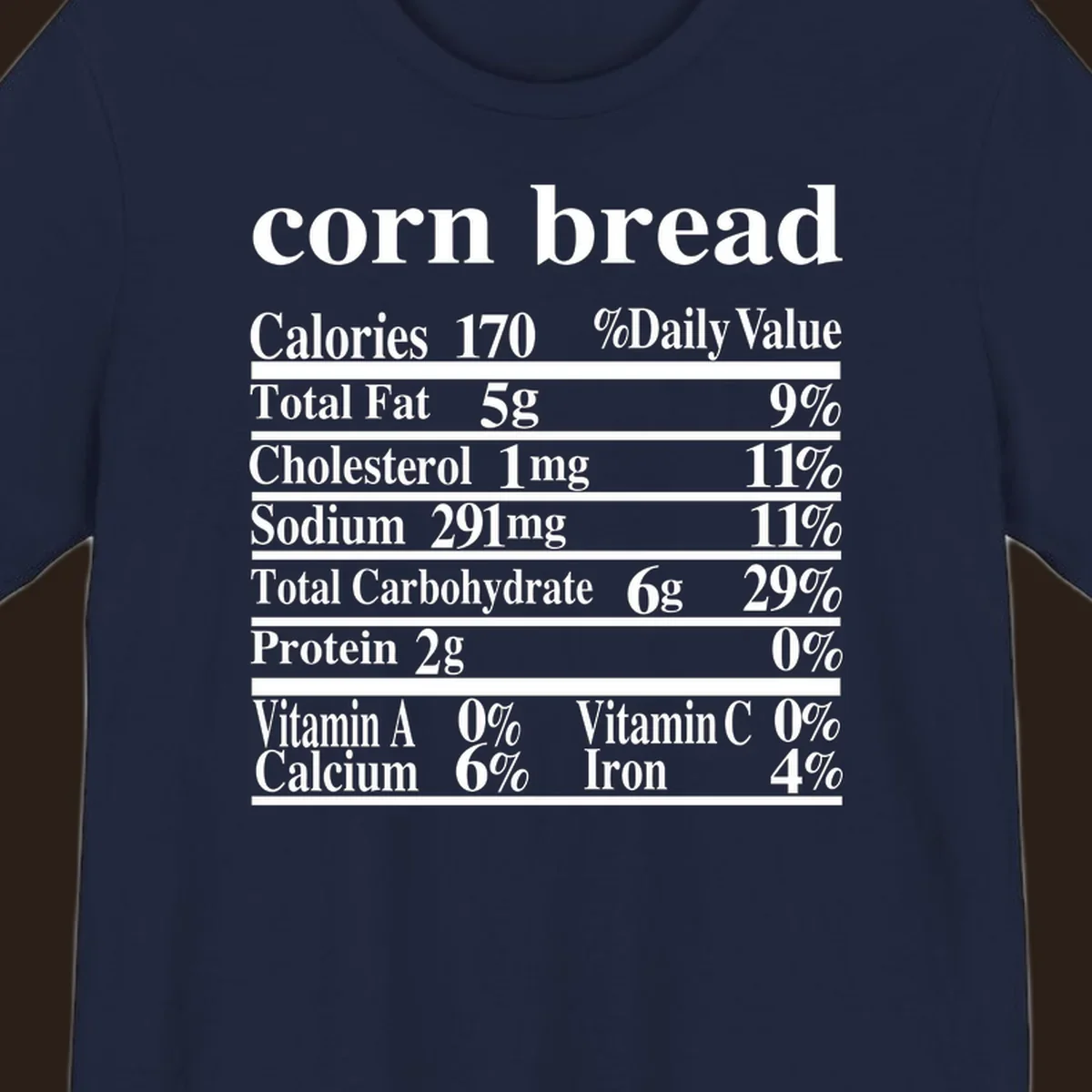 Corn bread nutrition label design with white text on a black background.