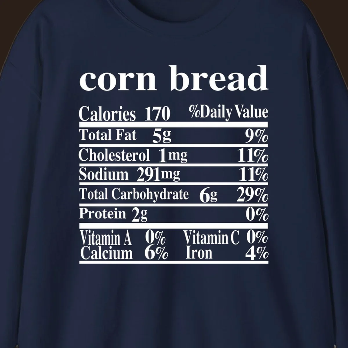 Corn bread nutrition label design with white text on a black background.