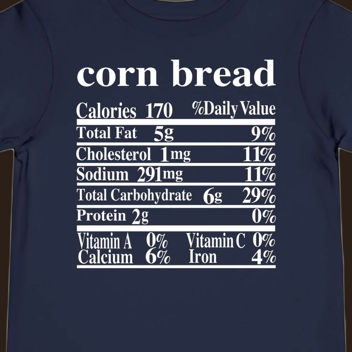 Corn bread nutrition label design with white text on a black background.