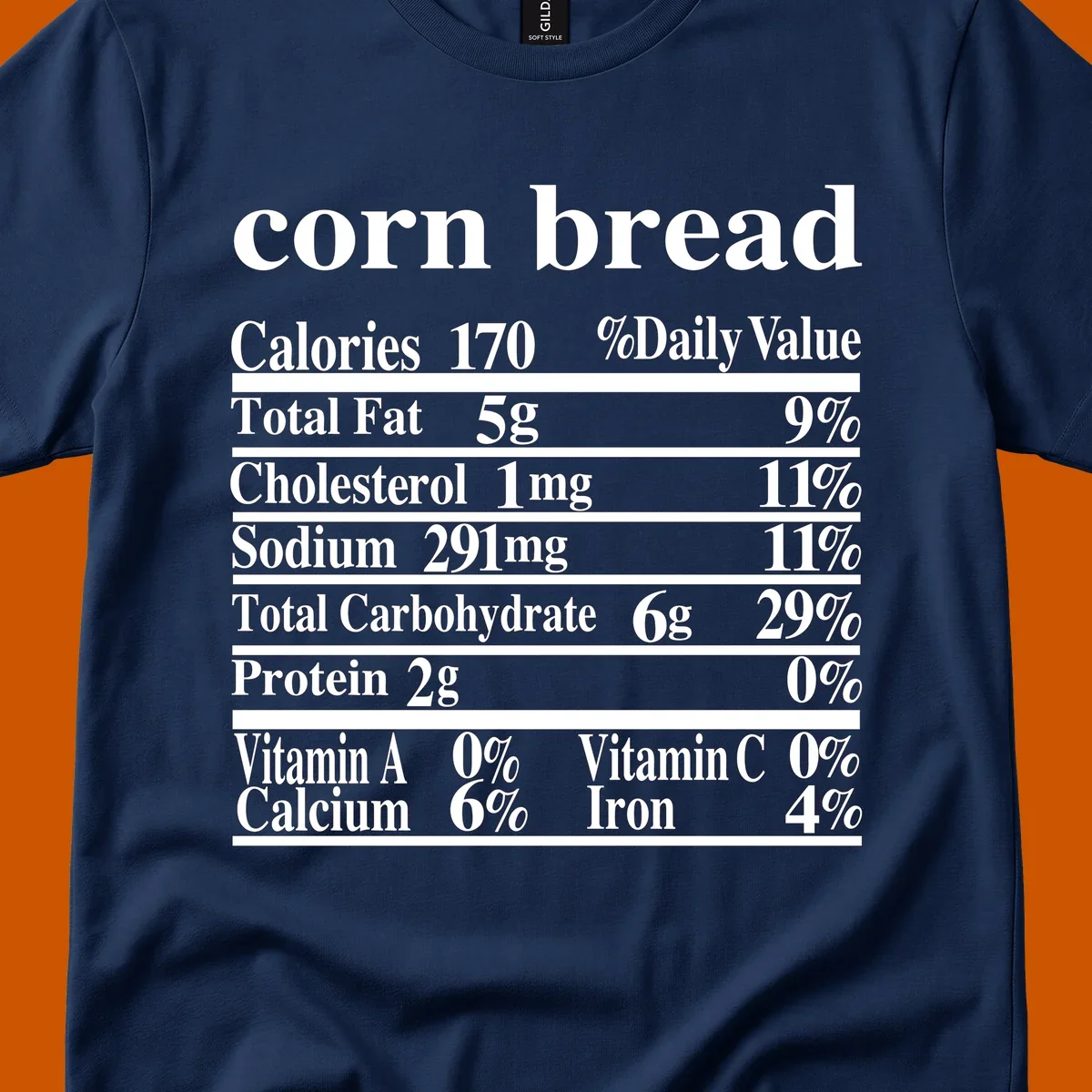 Corn bread nutrition label design with white text on a black background.