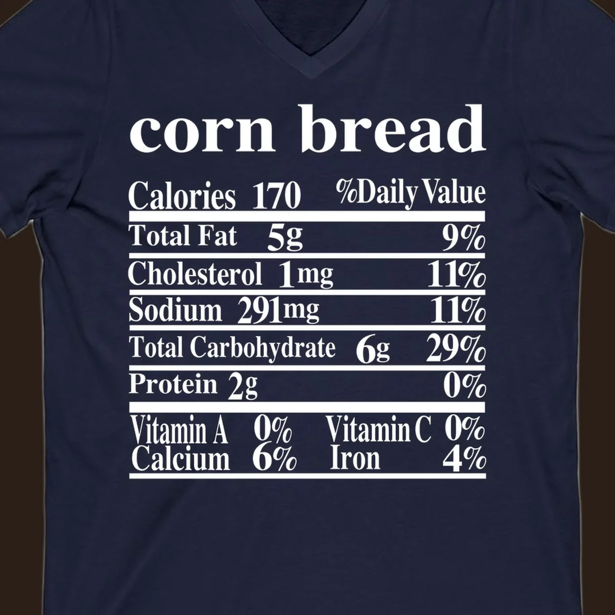 Corn bread nutrition label design with white text on a black background.