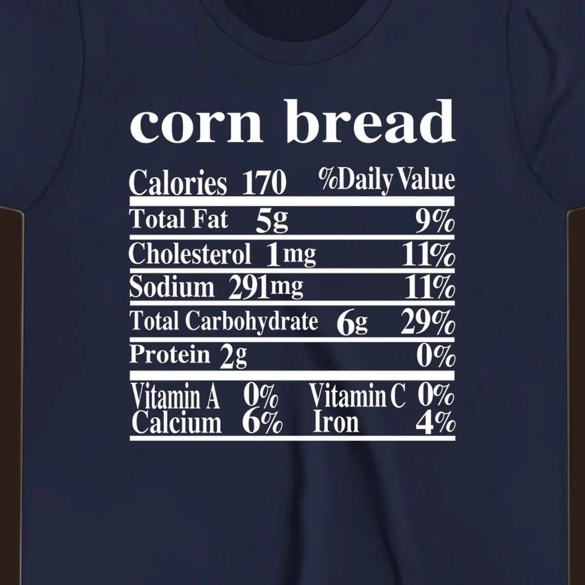Corn bread nutrition label design with white text on a black background.